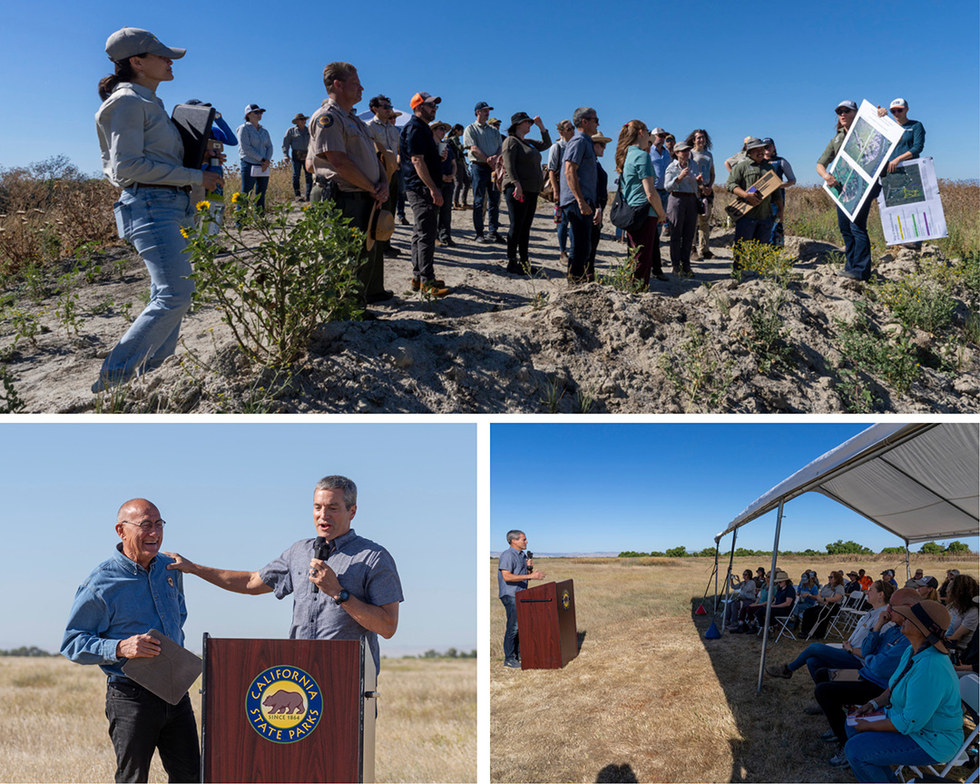 Clockwise from top left: Attendees tour the Great Valley Grasslands floodplain restoration project. California Natural Resources Agency Secretary Wade Crowfoot speaks during the celebration marking the project's completion. Secretary Crowfoot and California State Parks Director Armando Quintero share a moment during the event. Photos from California State Parks. 
